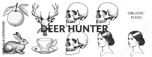 Black and White Illustration with Skulls, Deer, Fruit, Rabbit, Women, and Organic Food Text