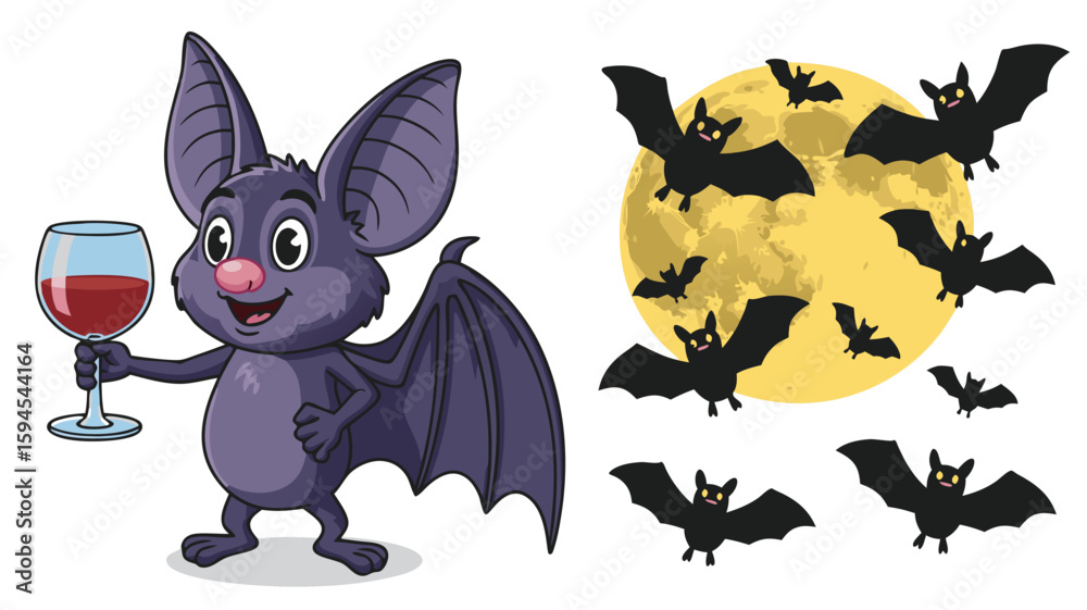 Fototapeta premium Cartoon Bat Toasting with Wine Glass, Silhouette Bats Flying in Front of Yellow Full Moon