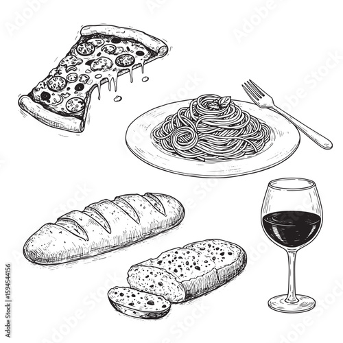 Hand-drawn illustration of italian cuisine featuring pizza pasta bread and wine