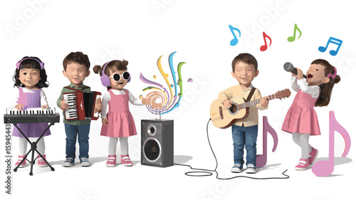 Cartoon Children Playing Music Piano, Accordion, Guitar, Singing Into a Microphone with Musical Notes