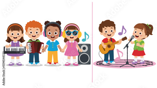 Cartoon Children Playing Musical Instruments Keyboard, Accordion, Guitar, Microphone, and Speaker Illustration