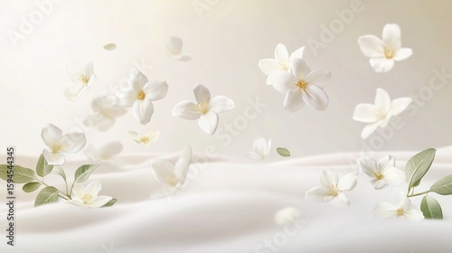 A serene watercolor scene of jasmine flowers placed gently on a pale, neutral background, the soft petals and delicate leaves floating in the air.
