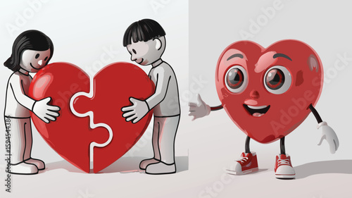 Cartoon Couple Assembling Heart Puzzle Next to Animated Heart Character on White Background