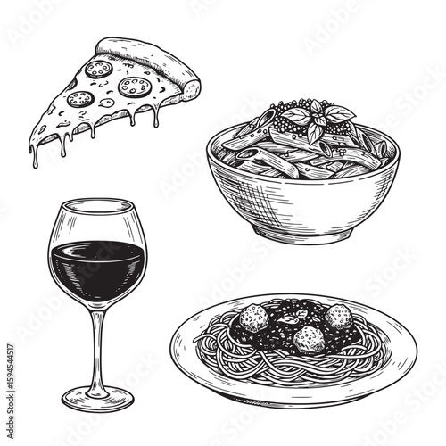 Hand-drawn italian food illustration including pizza pasta spaghetti meatballs and wine glass