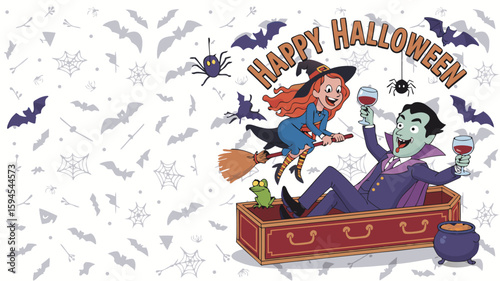 Cartoon Happy Halloween Witch on Broom, Vampire in Coffin, Bats, and Spiders