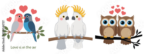 Cartoon Lovebirds, Cockatoos, and Owls Perched on Branches with Hearts Above, Isolated on White