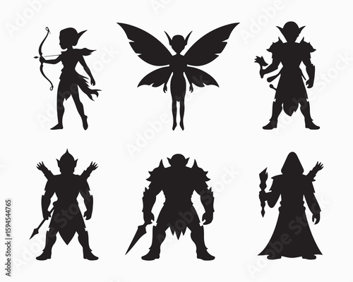 fairy silhouette, Enchanting fairies vector illustration, mystical and elegant, in graceful poses. Perfect fairy art for fantasy themed designs, illuminated by ethereal glow of magical lights