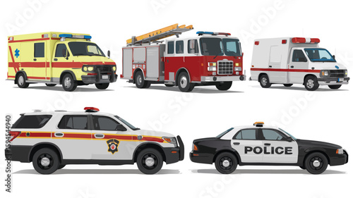 Cartoon Rendering of Five Emergency Vehicles Ambulances, Fire Truck, and Police Cars Illustration