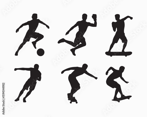 Silhouettes of athletes engaging in sports like soccer boxing running and skateboarding on white background
