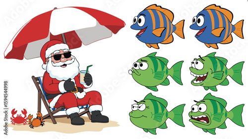 Cartoon Santa on Beach with Crabs, Tropical Drink, and Smiling Fish Graphics
