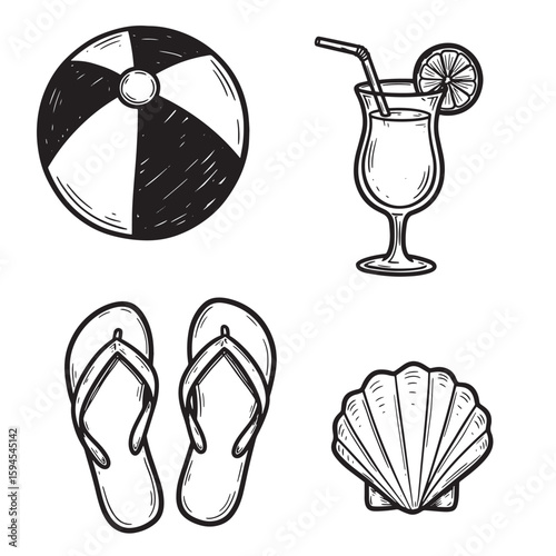 Summer beach themed illustrations featuring beach ball cocktail flip flops and seashell in hand drawn style