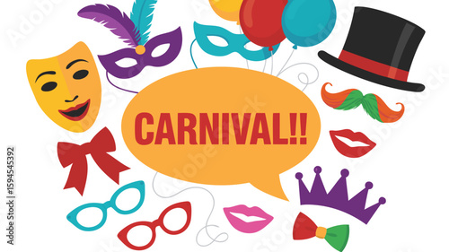 Colorful Carnival Party Masks, Balloons, Hats, Bowties, Lips, Moustache, Crown, Glasses, Speech Bubble