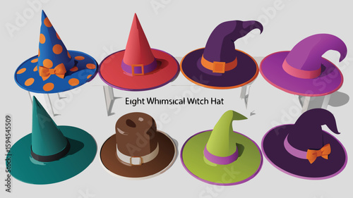 Colorful Cartoon Witch Hats Eight Different Designs in Purple, Green, Red, Blue, and Brown