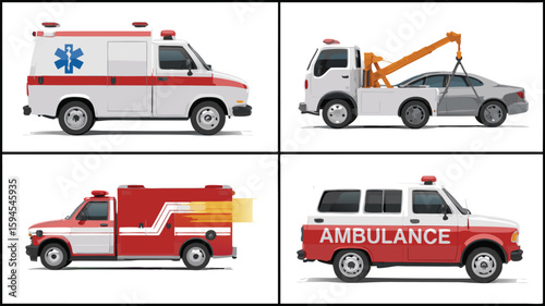 Depiction of Emergency Vehicles Ambulance, Rescue, and Tow Trucks in a FourPanel Arrangement