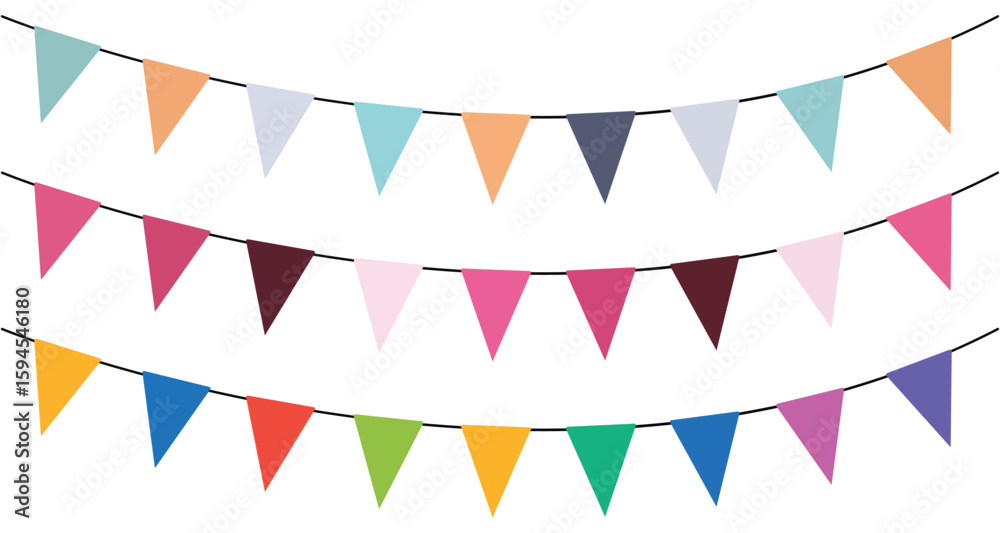 Fototapeta premium Colorful triangle party flags background collection, decoration element, Vector illustration, Abstract, party flags collection Isolated on white background