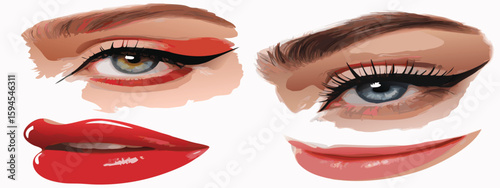 Glamorous Makeup Illustration Eyes with Winged Eyeliner and Bold Red Glossy Lips on White