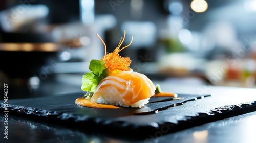 Fototapeta Naklejka Na Ścianę i Meble -  Japanese uni served in shell, delicate presentation, black slate plate, fine lighting