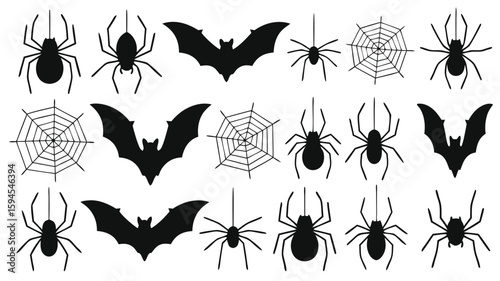 Halloween Clip Art Black Bats, Spiders and Spider Webs, Images on White