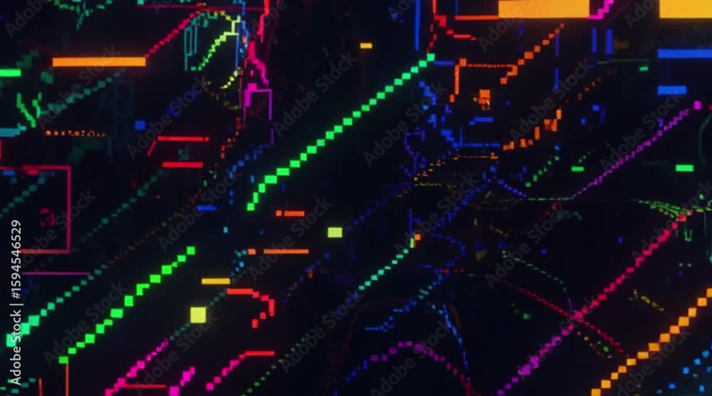 Abstract neon pixelated circuit board with geometric patterns and glowing lines