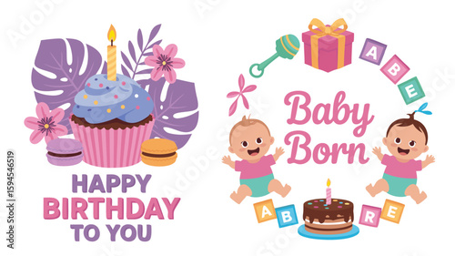 Happy Birthday Cupcake and Macarons Next to Baby Born Cake and Gift Illustration
