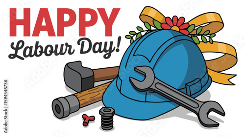 Happy Labour Day Cartoon Illustration Hard Hat, Wrench, Hammer, Bolt, Flower, and Ribbon