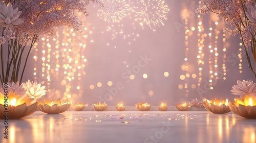 Banner design for diwali festival and podium,Diwali light decoration candle with fireworks,Stage,Product display Showcase design sparkle background,Deepavali,Dipavali,3D podium illustration.