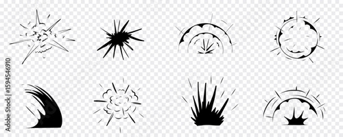 Explosion effect comic manga line sketch. Motion anime explode, radial action burst. Round explosions cloud silhouette on transparent background.