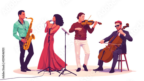 Illustration of a Jazz Band Performing with Singer, Saxophone, Violin, and Cello on White Background