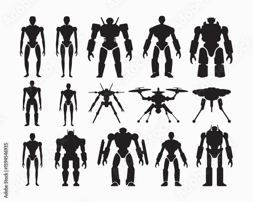 Silhouette illustration showing a variety of different robots and drone designs on a white background