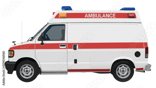Illustration of an Emergency Vehicle Side View of White Ambulance with Red Stripes and Lights