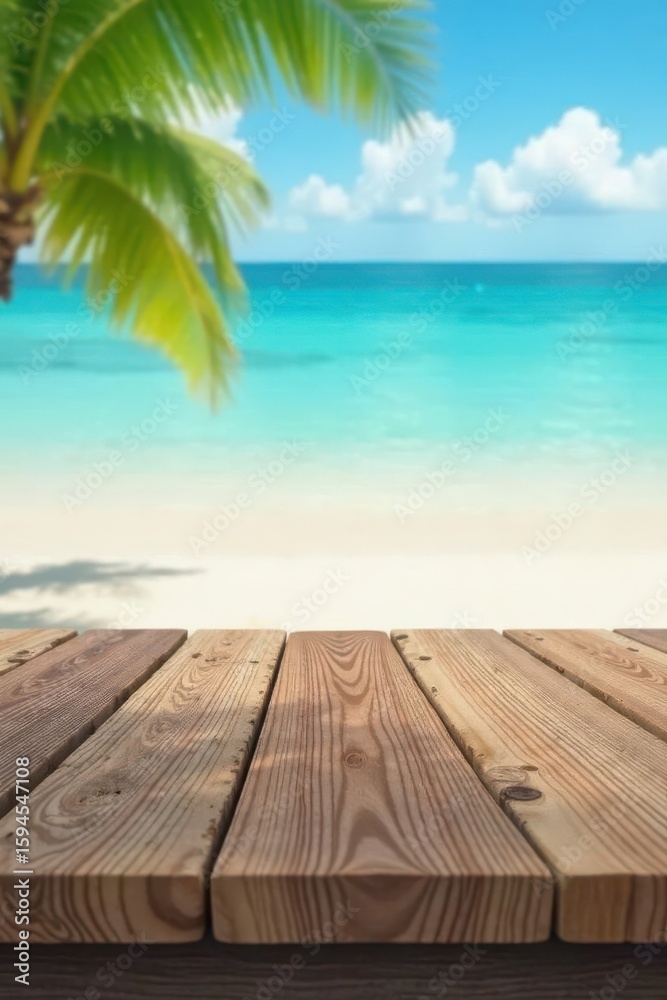 Fototapeta premium Empty wooden table on pristine sandy beach, blurred ocean backdrop , sand, blur