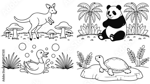 Outlined Cartoon Animals Kangaroo, Panda, Duck, and Turtle for Coloring Pages or Educational Resources