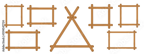 Set of Frames and Shapes Composed of Interlocked Wooden Logs on a White Background