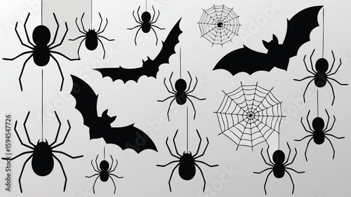 Silhouette Halloween Decoration Featuring Spiders, Bats, and Webs on a Light Gray Background