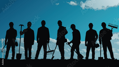 Silhouette of Construction Workers with Tools Against a Blue Sky with Clouds Background