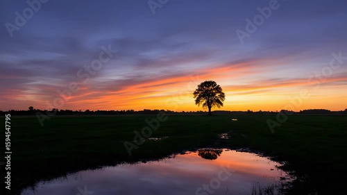 Silhouette of a Tree with Reflections in Puddle at Sunset with Vibrant Clouds in Orange Purple and Blue