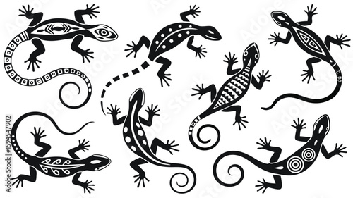 Stylized Black and White Lizard Silhouette Collection with Tribal Patterns and Curled Tails
