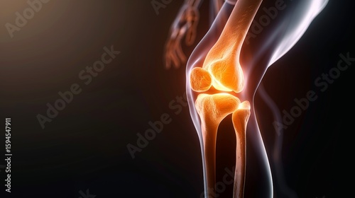 photograph of Side view of a human body showing internal anatomy of the knee joint, early signs of arthritis, slight cartilage wear and joint inflammation, 