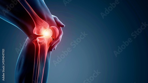 photograph of Side view of a human body showing internal anatomy of the knee joint, early signs of arthritis, slight cartilage wear and joint inflammation, 