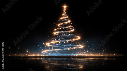 Blue glowing neon Christmas tree in minimalist abstract design, elegant fir illustration with copy space for your advertising, holiday banner concept. Merry Christmas,Happy New Year 2026