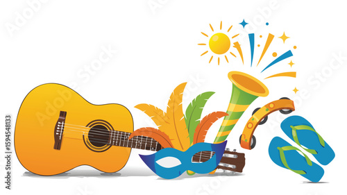 Vibrant Carnival Celebration Featuring Guitar, Mask, Horn, Tambourine, FlipFlops, Feathers, and Decorative Sun