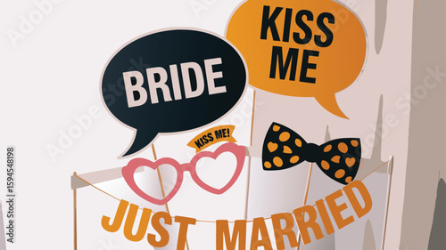 Wedding Booth Props Bride, Kiss Me, Heart Glasses, Bow Tie, and Just Married Banner