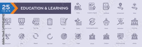 Education and Learning icons collection vector images in outline style.
containing several study, academic degree, certificate, achievement, value, online course.
for Web and Application icons.
