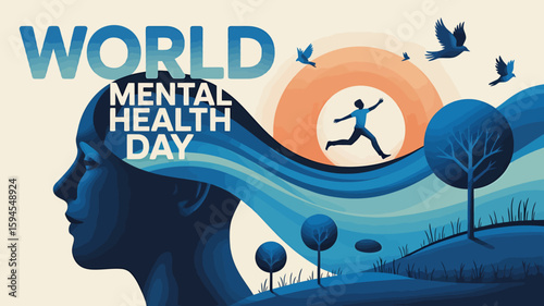World Mental Health Day Poster Vector Illustration with Brain, Green Ribbon, Support Hands, Wellness Symbols, Calm Face, Plants, Mind Icons and Green Theme