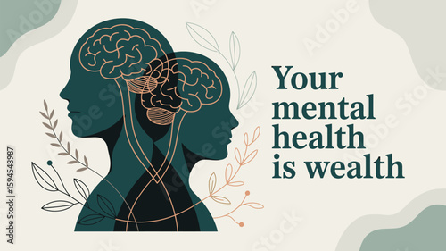 World Mental Health Day Poster Vector Illustration with Brain, Green Ribbon, Support Hands, Wellness Symbols, Calm Face, Plants, Mind Icons and Green Theme