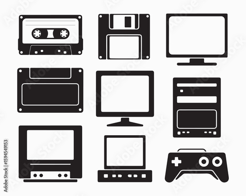 Retro technology icons featuring a cassette tape, floppy disk, computer, and game controller