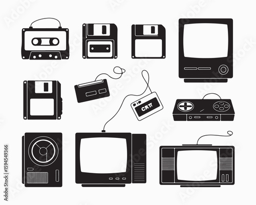 Collection of retro technology icons featuring cassette tapes floppy disks and vintage televisions in black and white