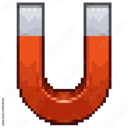 Pixel magnet vector, representing attraction, force, and pull in an 8-bit style. Ideal for gaming mechanics, physics concepts, or retro technology designs.
