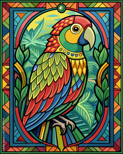 Parrot , Stained Glass Style, 