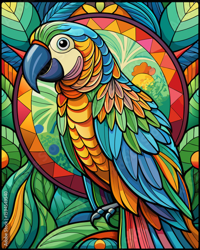 Parrot , Stained Glass Style, 